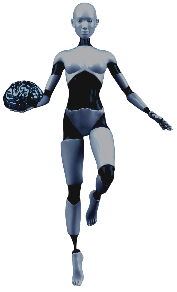 A white humanoid robot holding a silver brain in its right hand, standing on its right foot with its left knee bent.