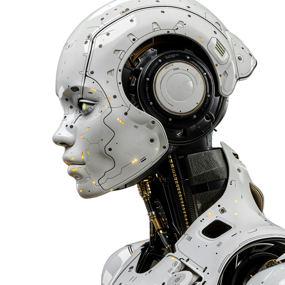 A robot facing left, with metallic body and futuristic design